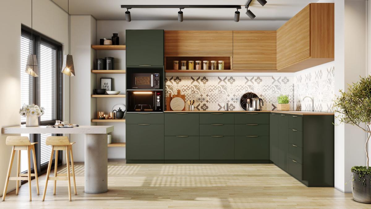 Na cozinha de linhas retas, a contemporaneidade da composição do MDP Perffect Wood Colors Verde Amalfi com o amadeirado Nogal Manchester