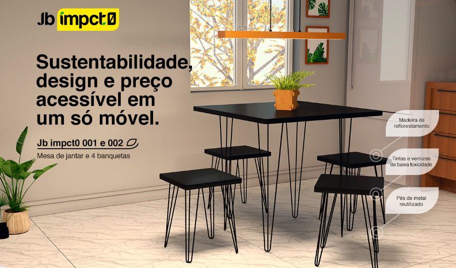 Imagem do produto Impact0, um conjunto de mesa e bancos para a cozinha, com a indicação do uso de madeira de reflorestamento, tintas e vernizes de baixa toxicidade e metal reutilizado.