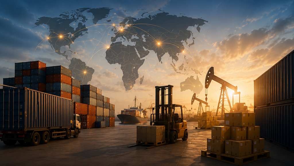 Setor moveleiro mundial em 2026 com mapa global, logística, petróleo e cadeia produtiva internacional